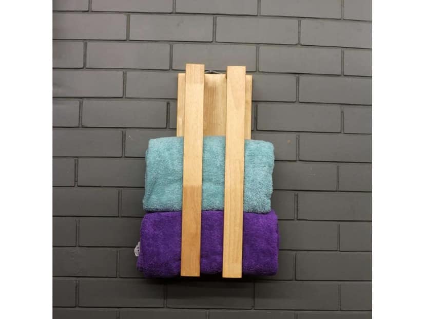 BARISH-Towel Holder | Wall Mount Towel Holder Organiser | Handcrafted with Rubberwood | Superior Finish & Unique Contemporary Design | 13 x 20 x 53CM - Sandy Brown