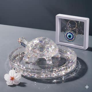 Perfect Crystal Glass Turtle with Plate, Clear, Vastu Feng Shui Decor, 10 cm Diameter, with Evil Eye Keychain