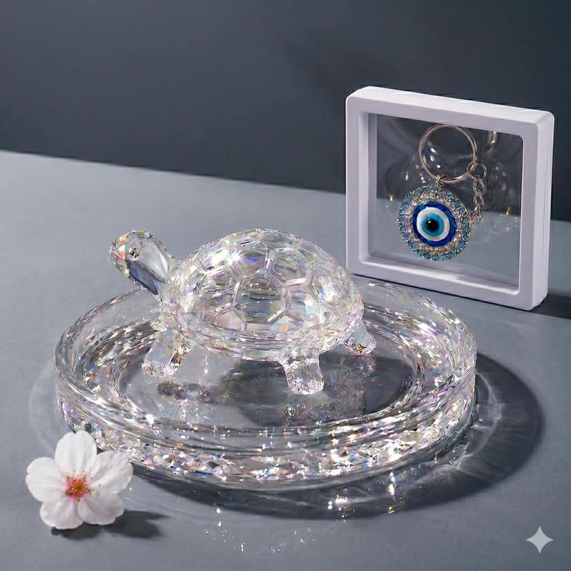 Perfect Crystal Glass Turtle with Plate, Clear, Vastu Feng Shui Decor, 10 cm Diameter, with Evil Eye Keychain