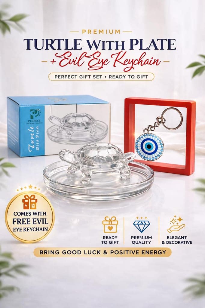 Perfect Crystal Glass Turtle with Plate, Clear, Vastu Feng Shui Decor, 10 cm Diameter, with Evil Eye Keychain view 2