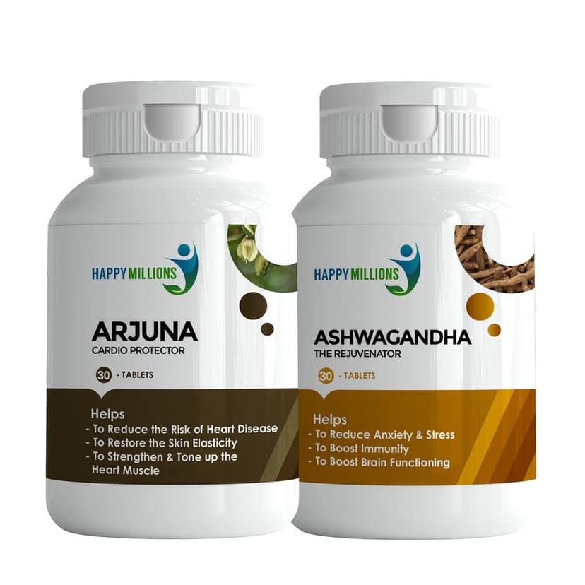Happy Millions Ayurvedic Arjuna and Ashwagandha | Combo Pack Of 2 (30 + 30 Tablets)