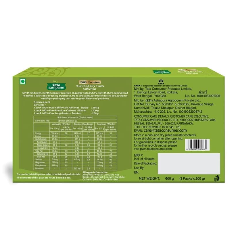 Tata Sampann Dryfruits Gift Pack, Contains Almonds, Cashews, Raisins, 200gX3, 600g, Dry Fruits Gift Pack, Hamper view 7
