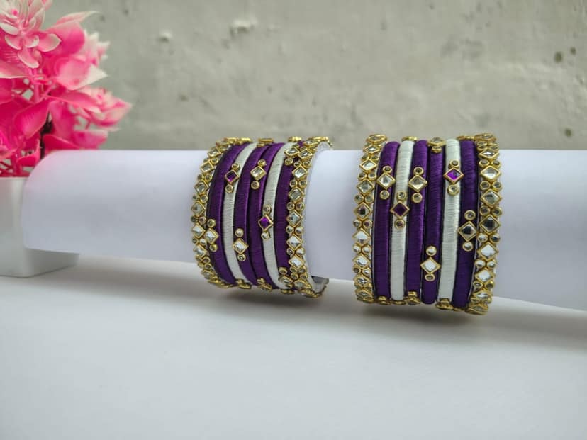 Purple & White Silk Thread Bangles with Stone Embellishments view 3