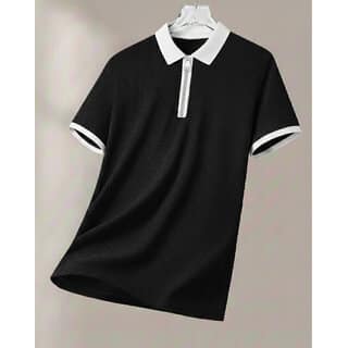 Ausk Mens Black, White Solid Cotton Blend Polo T-Shirt