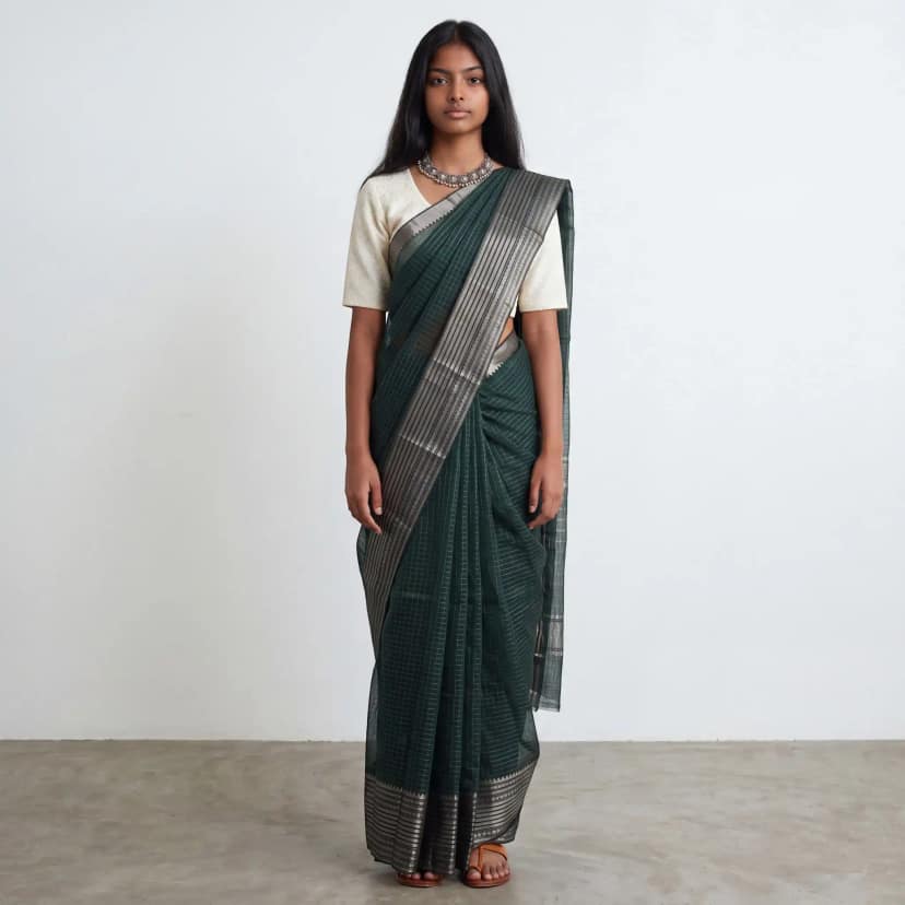Handwoven Green Mangalgiri Silk-Cotton Saree with Temple Zari Border