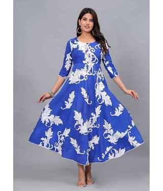 AVEITH Rayon Printed Anarkali Women's Kurti - Blue ( Pack of 1 )