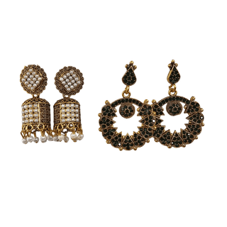 Regal Jhumkas with Emerald Green Stones and Pearl Gold-Plated Jhumka Earrings combo