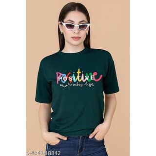 Wexam Style Women Green Printed Round Neck Short Sleeve Top