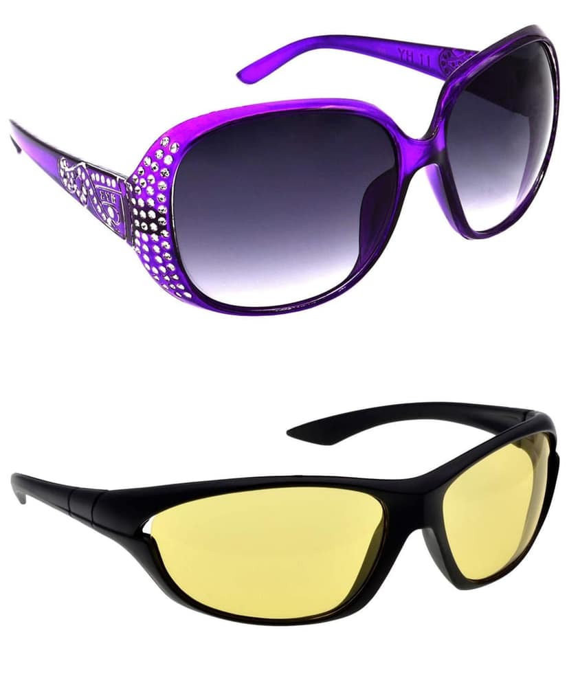 HRINKAR Unisex Round Sunglasses Violet & Black Frame, Grey & Yellow Lens (Large) - Pack of 2