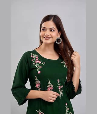 Kapadia Women Viscose Rayon Embroidered Straight Kurti ( Green )