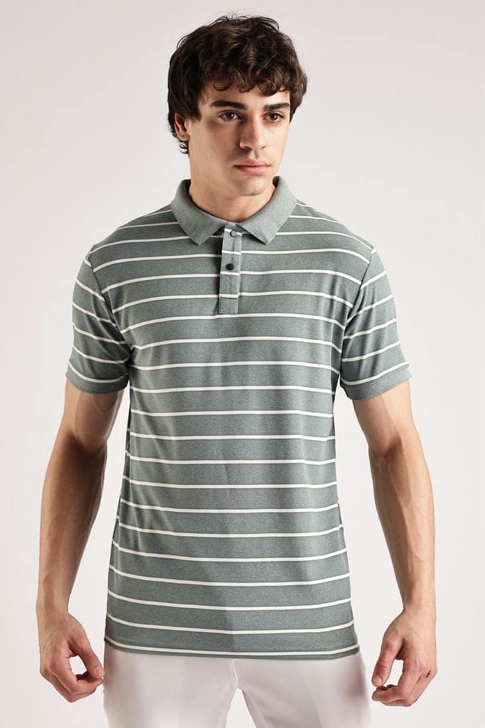 Pollycotton Olive Striped Polo