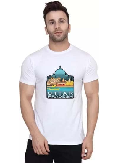 Uttar Pradesh Printed White Round Neck Half Sleeves Polyester T-Shirt for Men | Blood Moon Brand | Cool UP Graphic Tee | Trendy Casual Wear for Boys & Men view 3