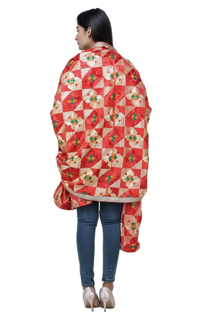 Flame-Scarlet Phulkari Dupatta from Punjab with Geometric Patterns and Zari Border view 3