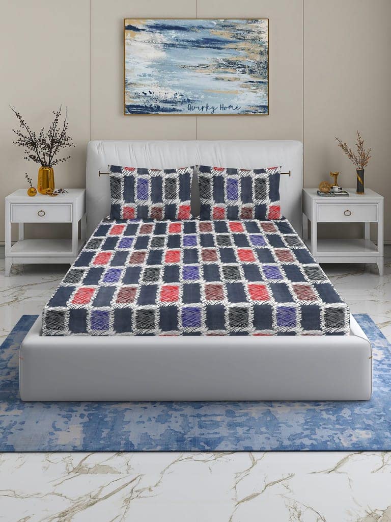 Quirky Home Fantasy Collection Premium Cotton Blend 180 TC Fitted Double Wrinklefree Bedsheet with 2 Pillow Covers, Grey Check
