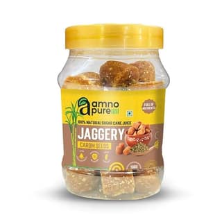 Amno Pure Natural Sugar Cane Jaggery 10G Cube with Carom Seeds | Cholestrol free, Fat free & 100% Natural - 500G Pet Jar