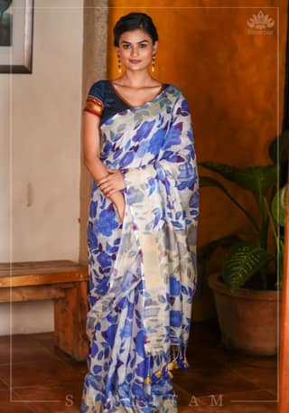 Watercolor Digital Print Linen saree in Blue