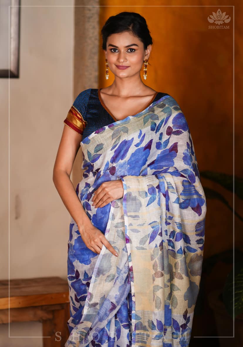 Watercolor Digital Print Linen saree in Blue view 2