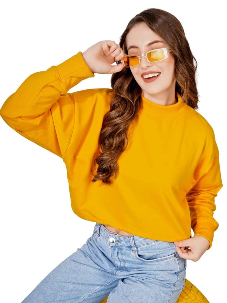 Women Full Sleeve Solid Sweatshirt (Mustard) view 6