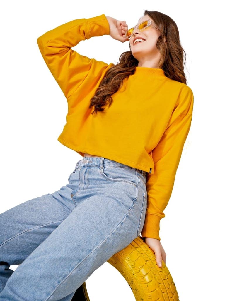 Women Full Sleeve Solid Sweatshirt (Mustard) view 7