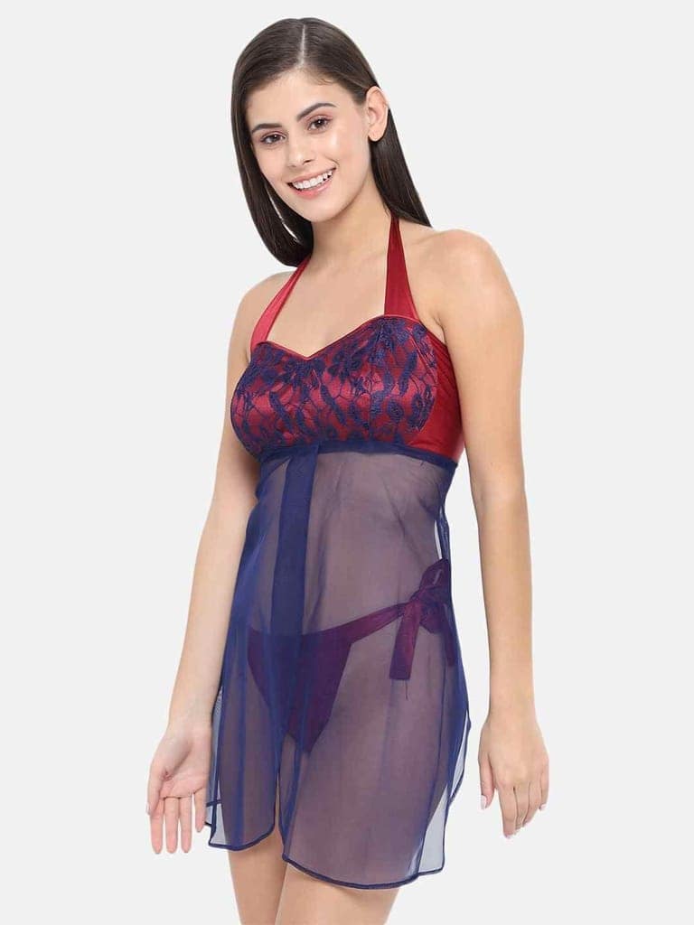 Hot Bridal Maroon Net Babydoll Honeymoon Bikini & Night Dress With Panty-B33M-S-10XL view 4