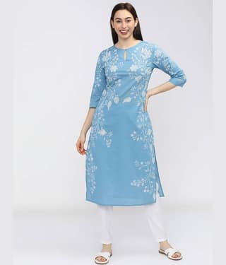 Vishudh Women Cotton Printed Straight Kurti ( Blue )