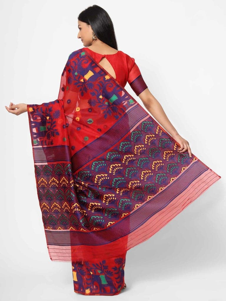 Women's Pure Cotton Woven Jamdani Red Saree view 2
