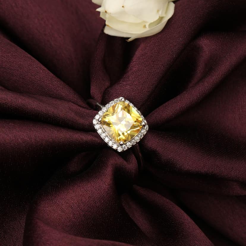 925 Sterling Silver Cushion Cut Yellow Stone Ring for Women | Elegant Halo Design with Cubic Zirconia I Weight - 2.75 gram view 3