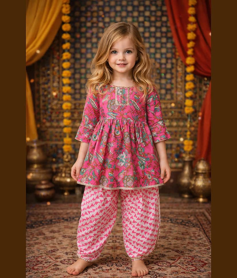 Arshia Fashions Girls Cotton Blend Kurti with Salwar ( Pack of 1 , Pink )