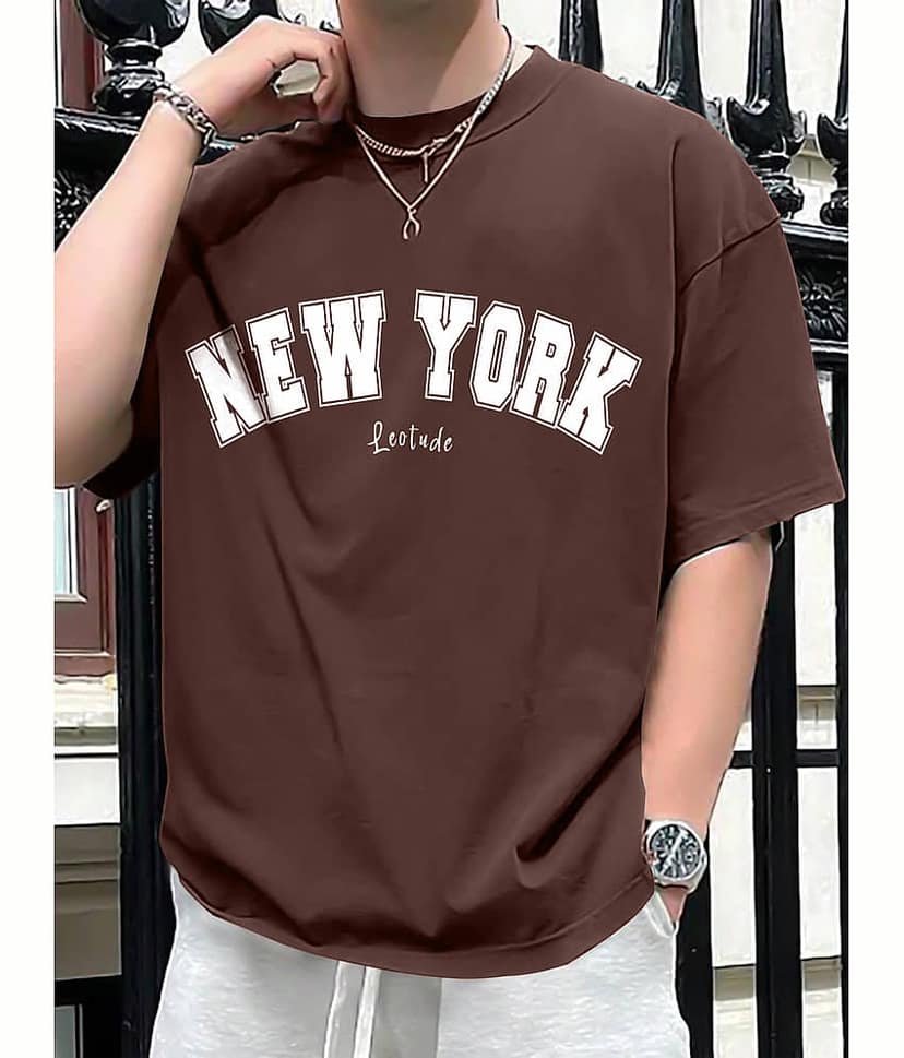 Leotude Men Cotton Blend Oversized Fit Printed T-Shirt ( Brown )