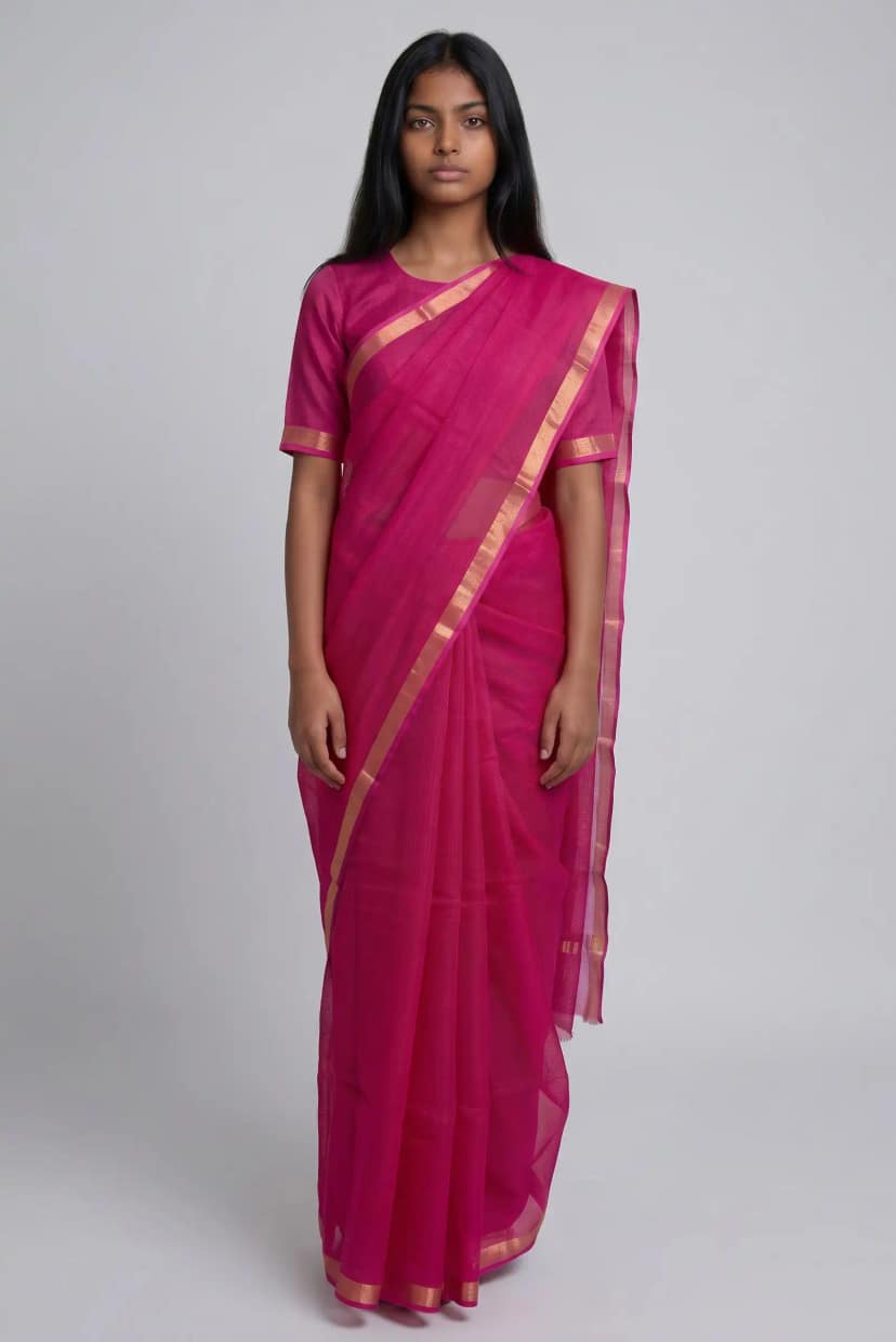 Kota Doria Cotton Saree Magenta Pink Gold Zari Border