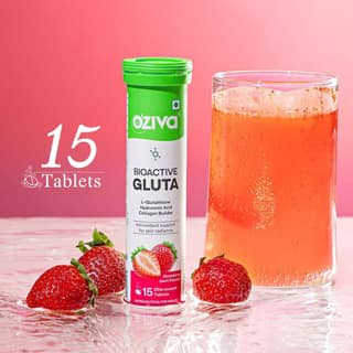 OZiva Bioactive Gluta with L-Glutathione to Reduce Pigmentation, Strawberry OZiva Bioactive Gluta Fizzy ( L-Glutathione, Hyaluronic Acid, Asthaxanthin, Lycopene & Collagen Builder) to Reduce Cellular Damage Strawberry swirl, Pack of 1 (15 Tablets)