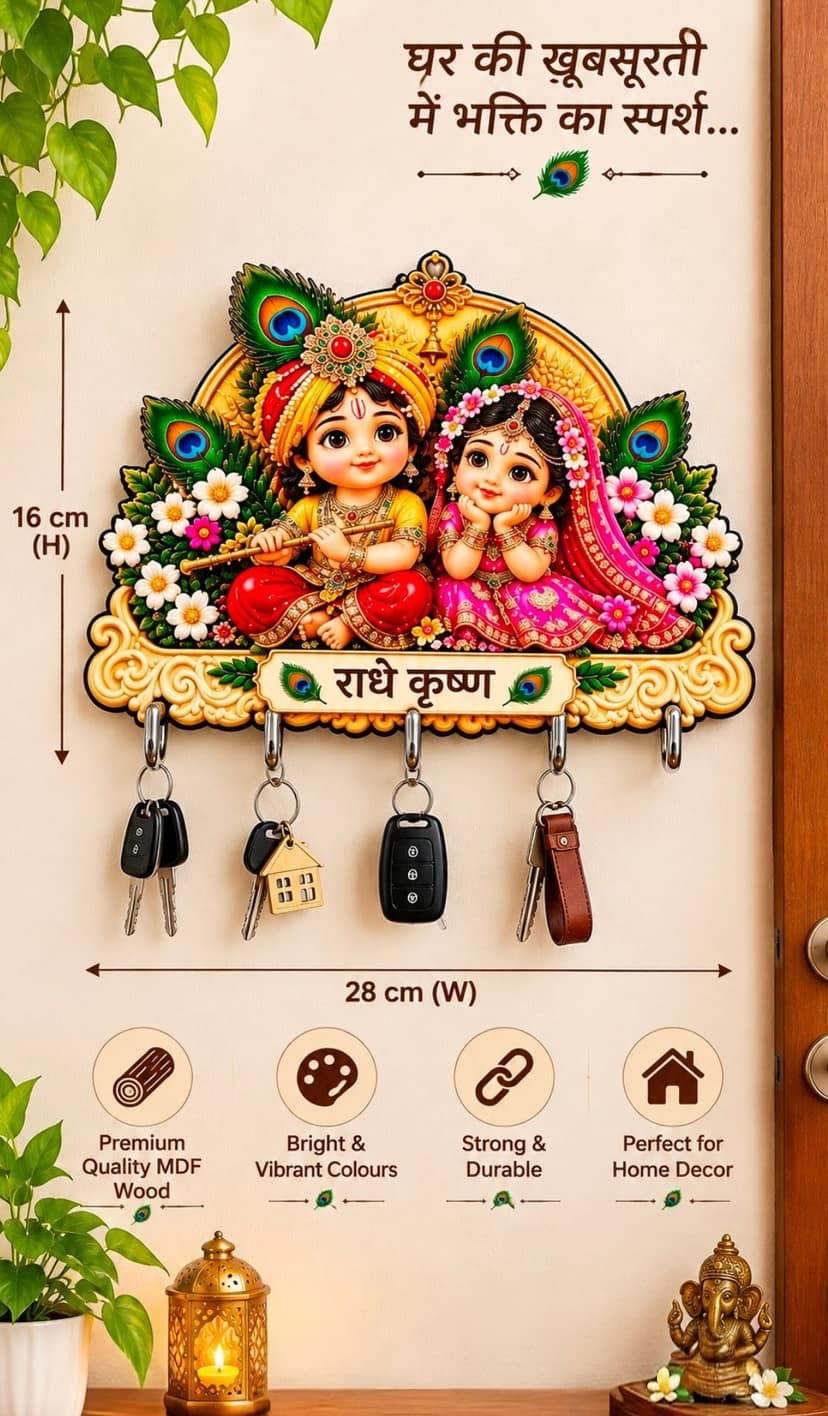 Radha Krishna Wooden Key Holder | Wall Mounted Key Organizer | Home Decor view 2