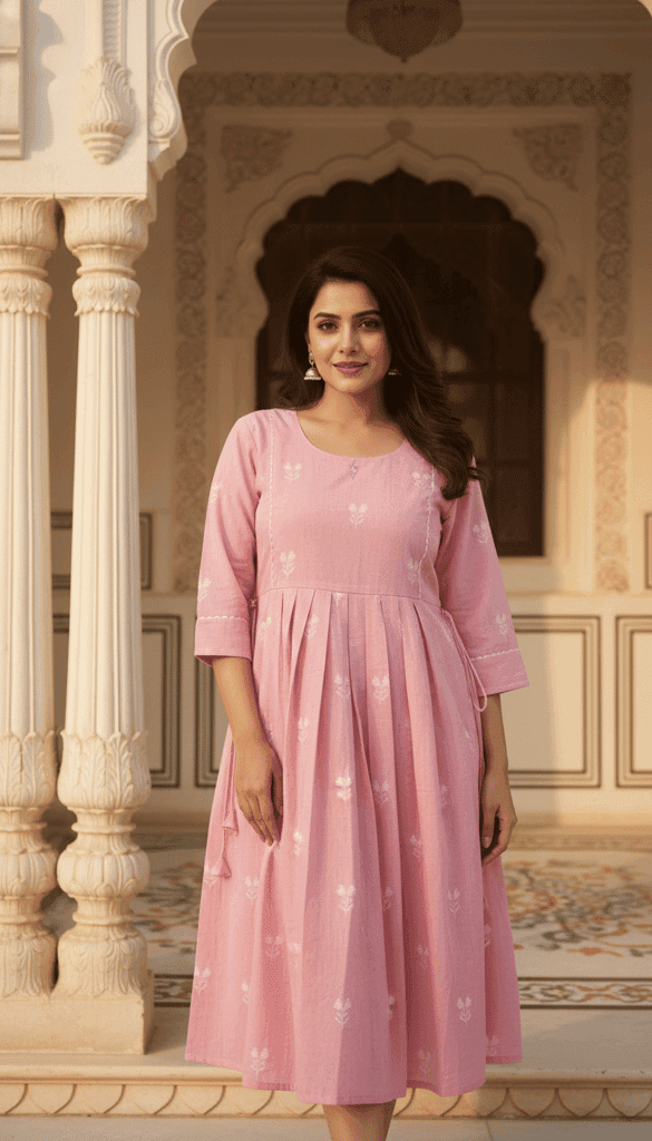 Cotton Printed Long Dress for Women | Anarkali Style | 3/4th Sleeve | Casual & Festive Wear