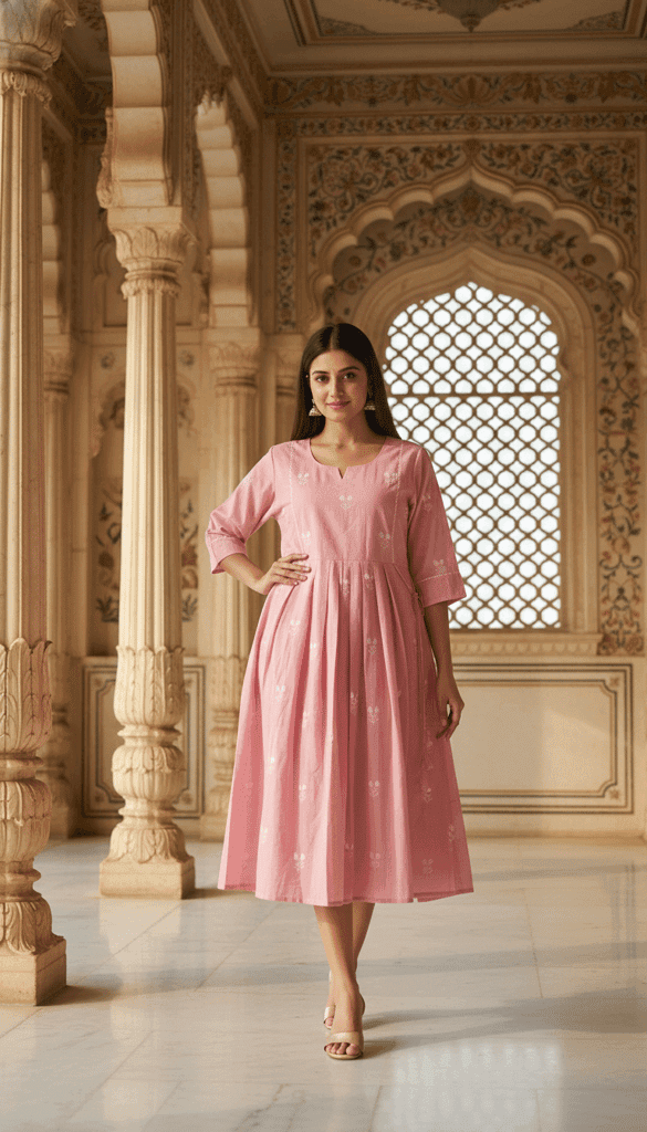Cotton Printed Long Dress for Women | Anarkali Style | 3/4th Sleeve | Casual & Festive Wear view 3