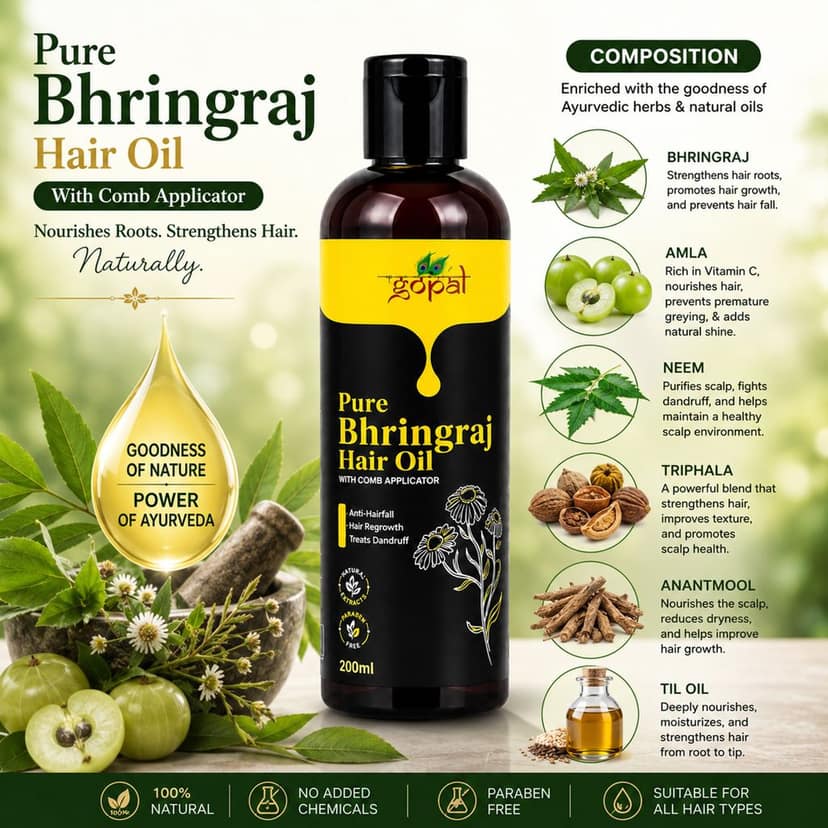 RamGopal Ayurveda Pure Bhringraj Hair Oil - 100% Natural, Ayurvedic Formula for Hair Growth, Strength & Dandruff Control with Bhringraj Plant, Amla, & Neem, 200ml view 2