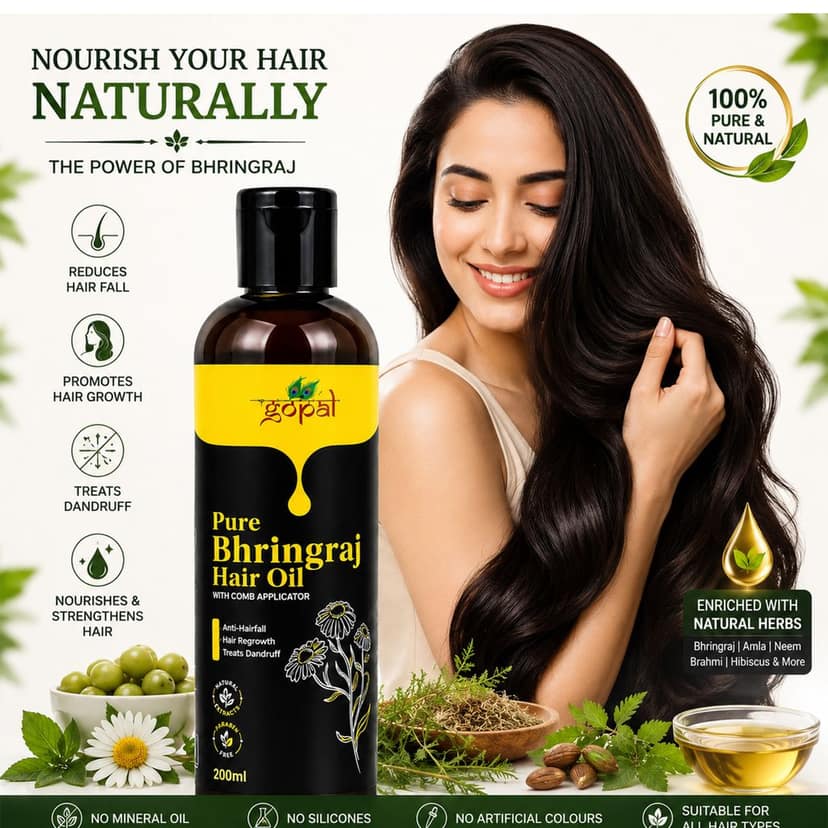 RamGopal Ayurveda Pure Bhringraj Hair Oil - 100% Natural, Ayurvedic Formula for Hair Growth, Strength & Dandruff Control with Bhringraj Plant, Amla, & Neem, 200ml view 3