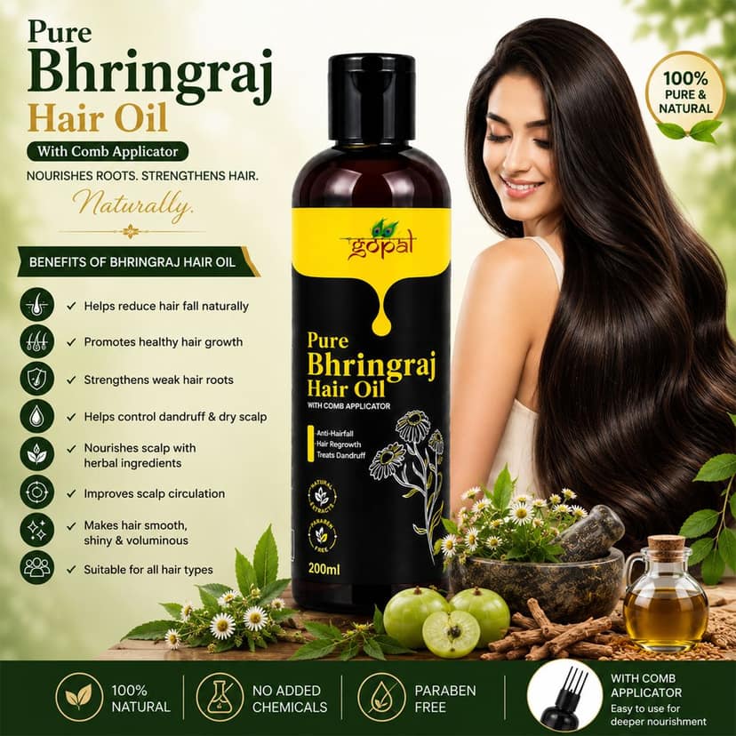 RamGopal Ayurveda Pure Bhringraj Hair Oil - 100% Natural, Ayurvedic Formula for Hair Growth, Strength & Dandruff Control with Bhringraj Plant, Amla, & Neem, 200ml view 4