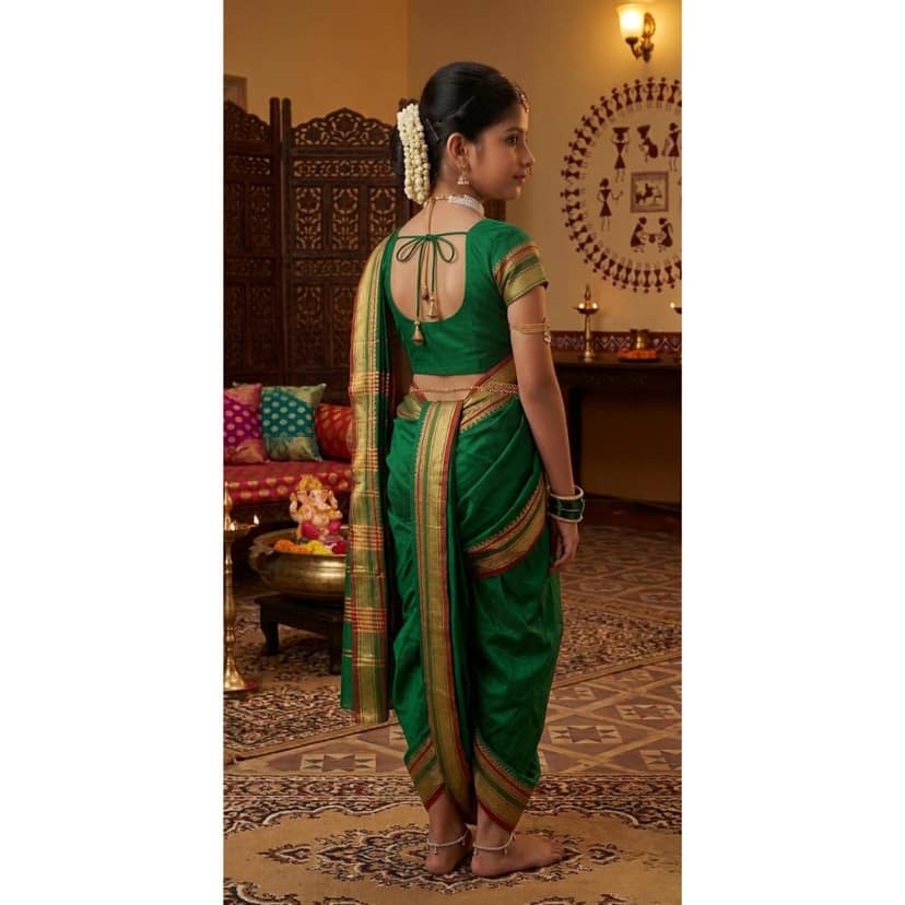 Mom and Me Girls' Ready-to-Wear Mastani Nauwari Saree with Stitched Blouse | Traditional Maharashtrian Ilkal Border | Soft Acrylic Cotton | Age 12 Months to 15 Years (Green, 9-10 Years) view 2
