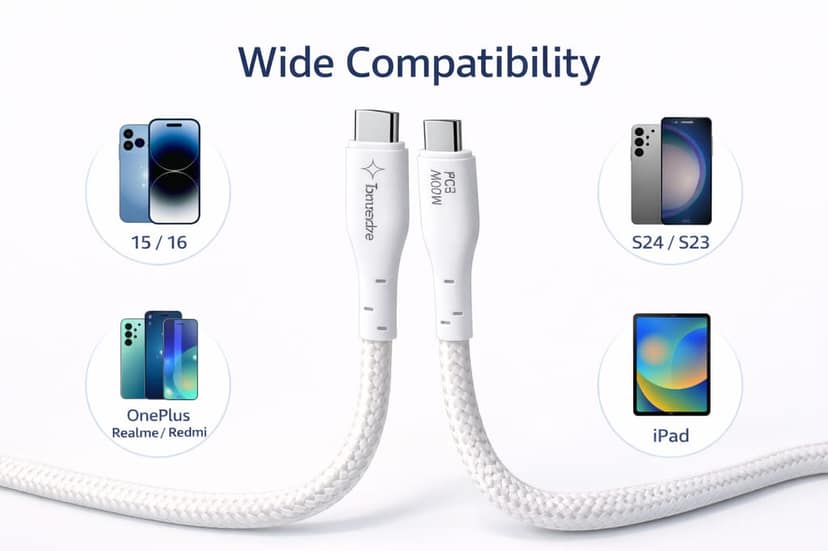 Tarendra 120W PD Fast Charging Type C to Type C Cable 1.5 Meter 5 Core Nylon Braided, Supports VOOC, SuperVOOC, Dash, Dart, Warp, Compatible with iPhone 15/16, Samsung Galaxy S24/S23, OnePlus 12/11, Realme, Redmi, iPad view 2