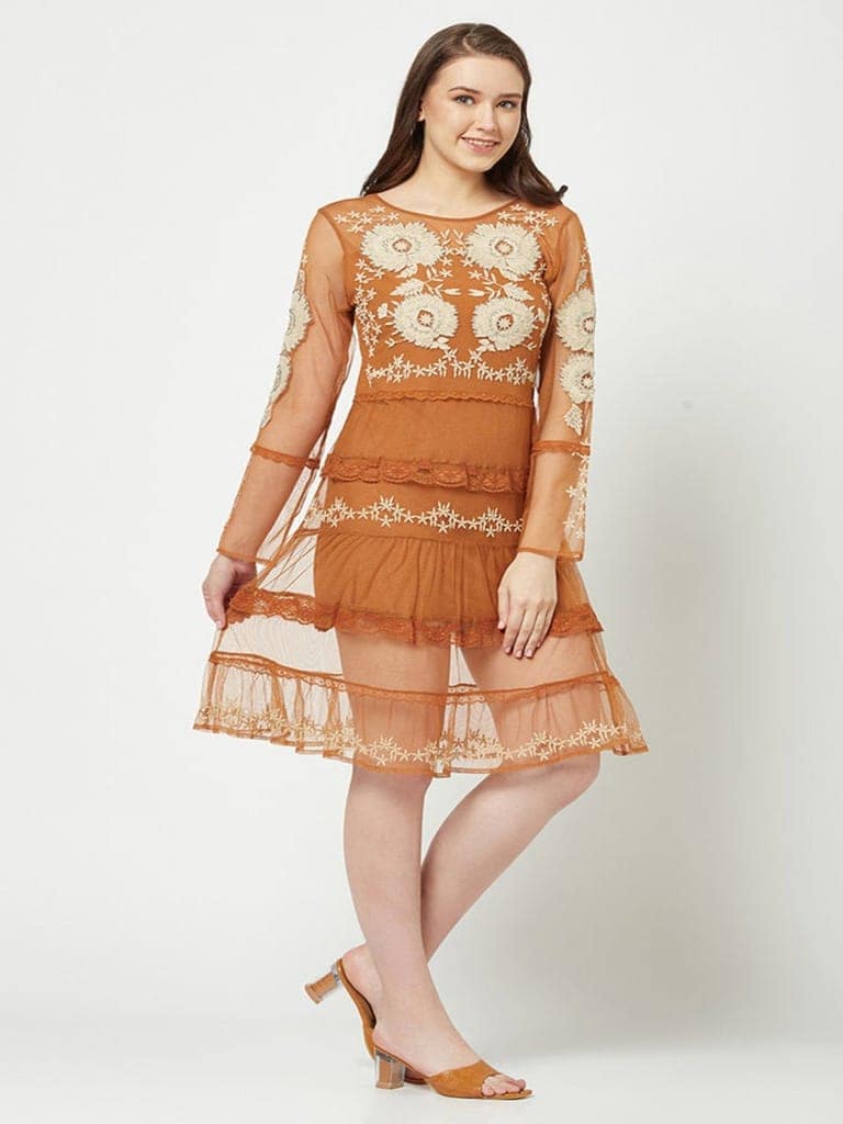 Orange Boho Embroidered Dress view 4
