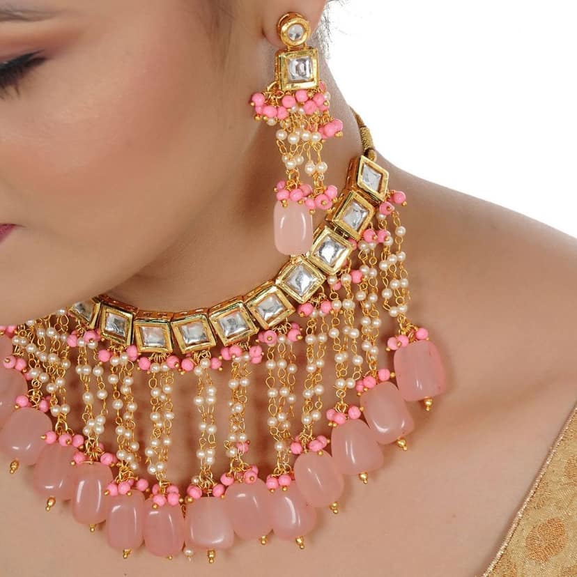 LUCKY JEWELLERY Back Meenakari 18k Gold Plated Pink Color Tika Earring Combo Uncut Big Faux Kundan Choker Necklace set view 3