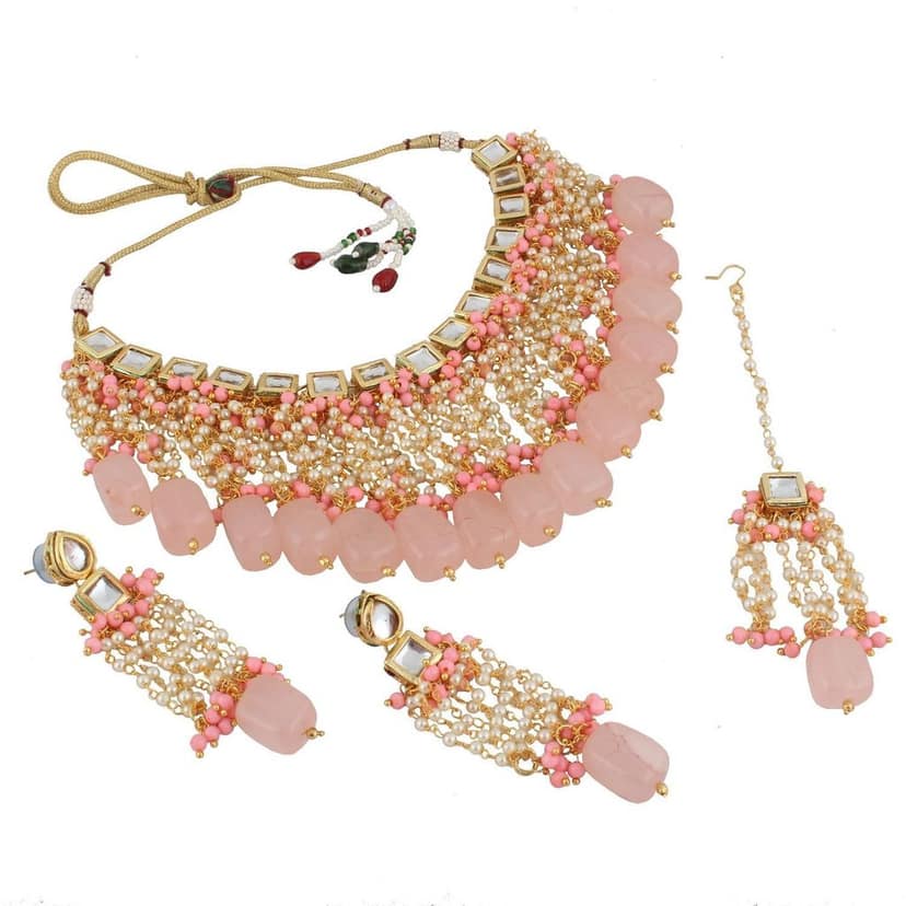 LUCKY JEWELLERY Back Meenakari 18k Gold Plated Pink Color Tika Earring Combo Uncut Big Faux Kundan Choker Necklace set view 4