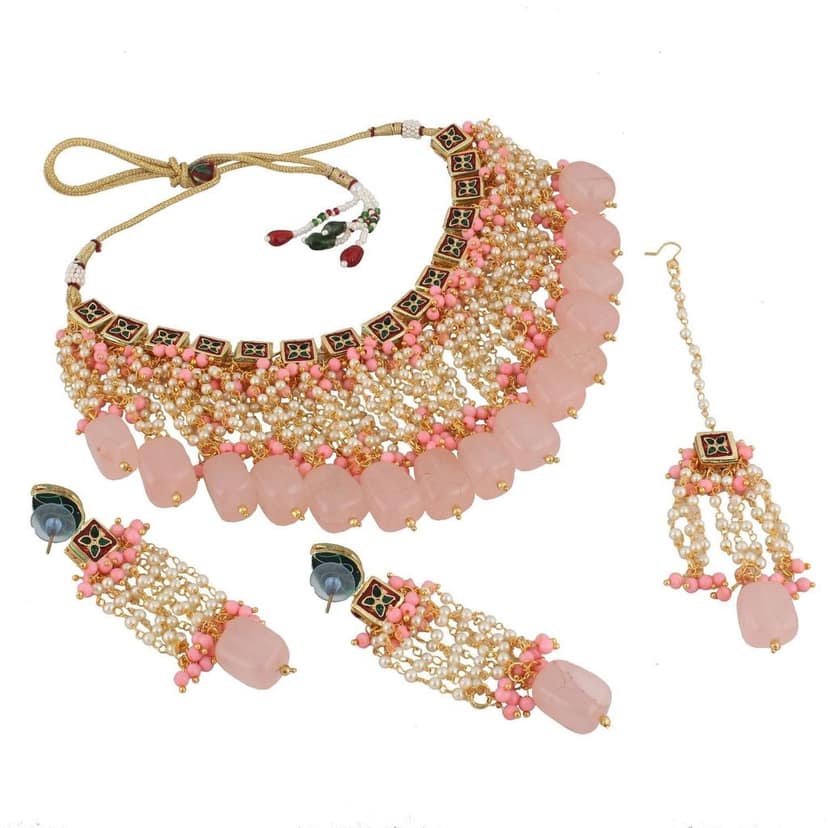 LUCKY JEWELLERY Back Meenakari 18k Gold Plated Pink Color Tika Earring Combo Uncut Big Faux Kundan Choker Necklace set view 5