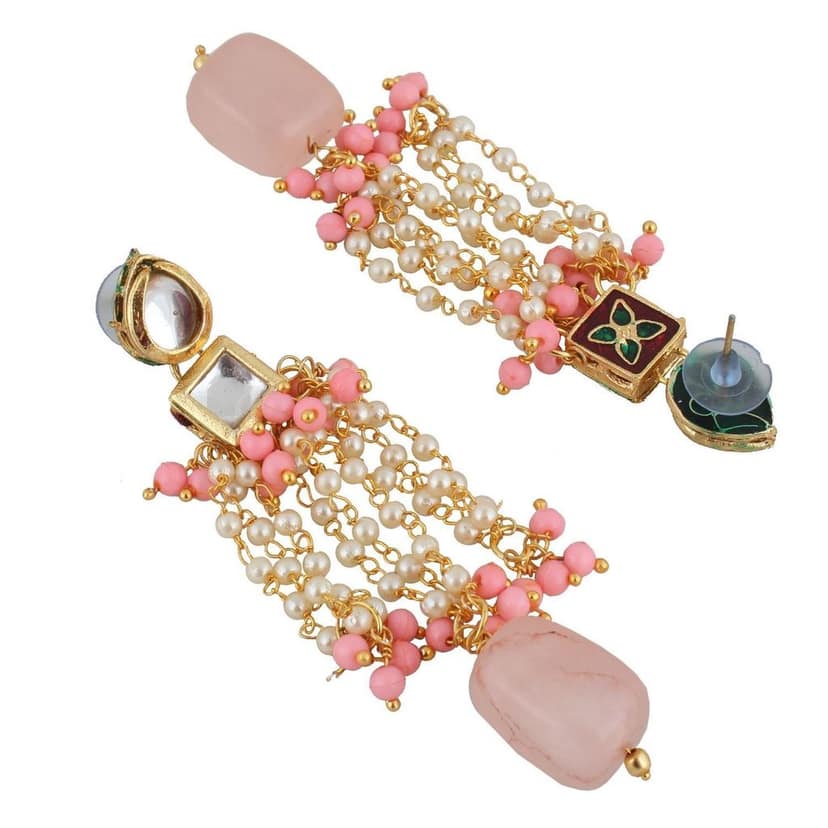 LUCKY JEWELLERY Back Meenakari 18k Gold Plated Pink Color Tika Earring Combo Uncut Big Faux Kundan Choker Necklace set view 7