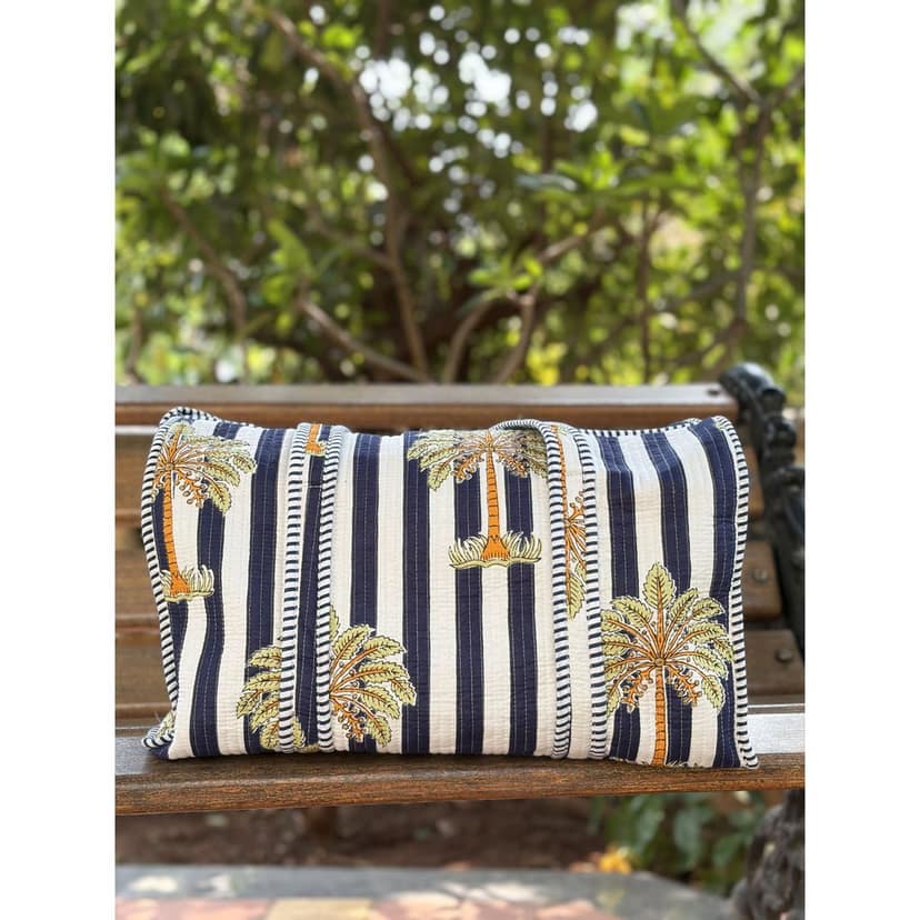 Palm Stripes Block Print Quilted Cotton Weekender Duffle Bag With Sling Belt Dark Blue 18"X18" view 2