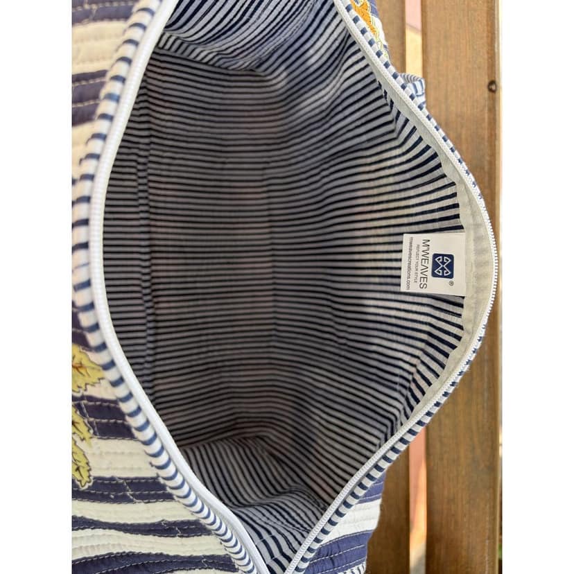 Palm Stripes Block Print Quilted Cotton Weekender Duffle Bag With Sling Belt Dark Blue 18"X18" view 3