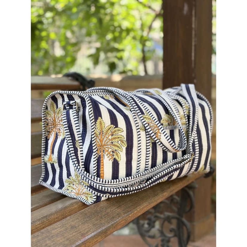 Palm Stripes Block Print Quilted Cotton Weekender Duffle Bag With Sling Belt Dark Blue 18"X18" view 4