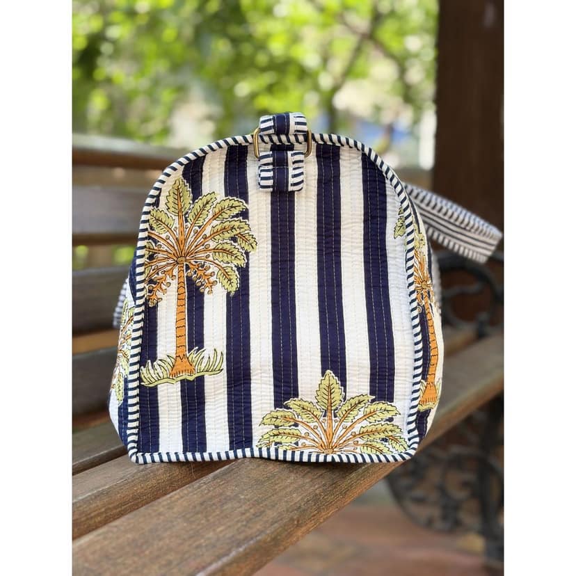 Palm Stripes Block Print Quilted Cotton Weekender Duffle Bag With Sling Belt Dark Blue 18"X18" view 6