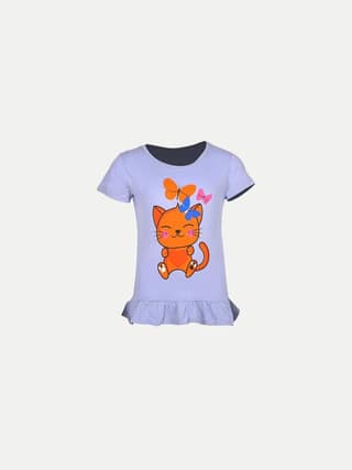 Girls Sky Blue Printed Crew Neck T-shirt with Frill-detail