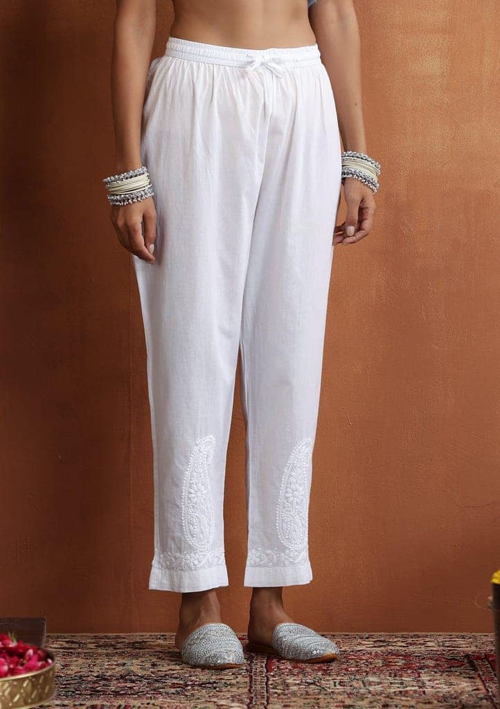 Cotton Chikankari Solid Women's Pants With Lace - White